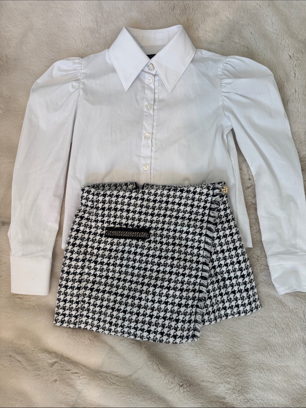 White Puff-Sleeve Button-Front Shirt & Black/White Houndstooth Skort Set - Kids